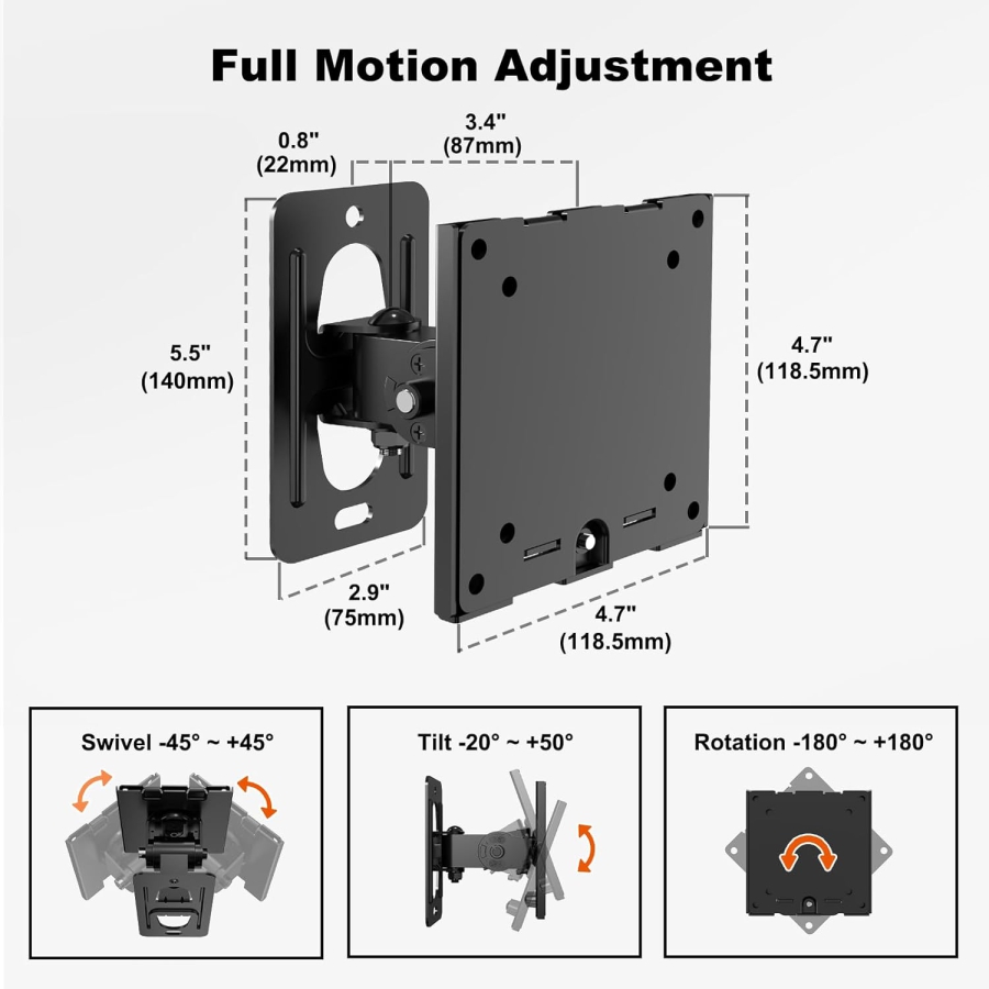 PUTORSEN Heavy Duty Monitor Wall Mount for 17-49 Inch Screens (Load capacity up to 20 kg – Tilt, Swivel & 360° Rotation – Ultra-slim design for VESA 75/100)