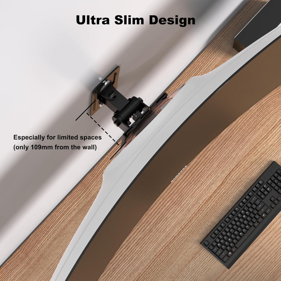 PUTORSEN Heavy Duty Monitor Wall Mount for 17-49 Inch Screens (Load capacity up to 20 kg – Tilt, Swivel & 360° Rotation – Ultra-slim design for VESA 75/100)