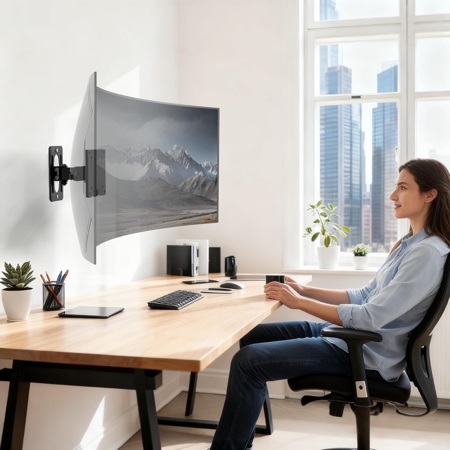 PUTORSEN Heavy Duty Monitor Wall Mount for 17-49 Inch Screens (Load capacity up to 20 kg – Tilt, Swivel & 360° Rotation – Ultra-slim design for VESA 75/100)