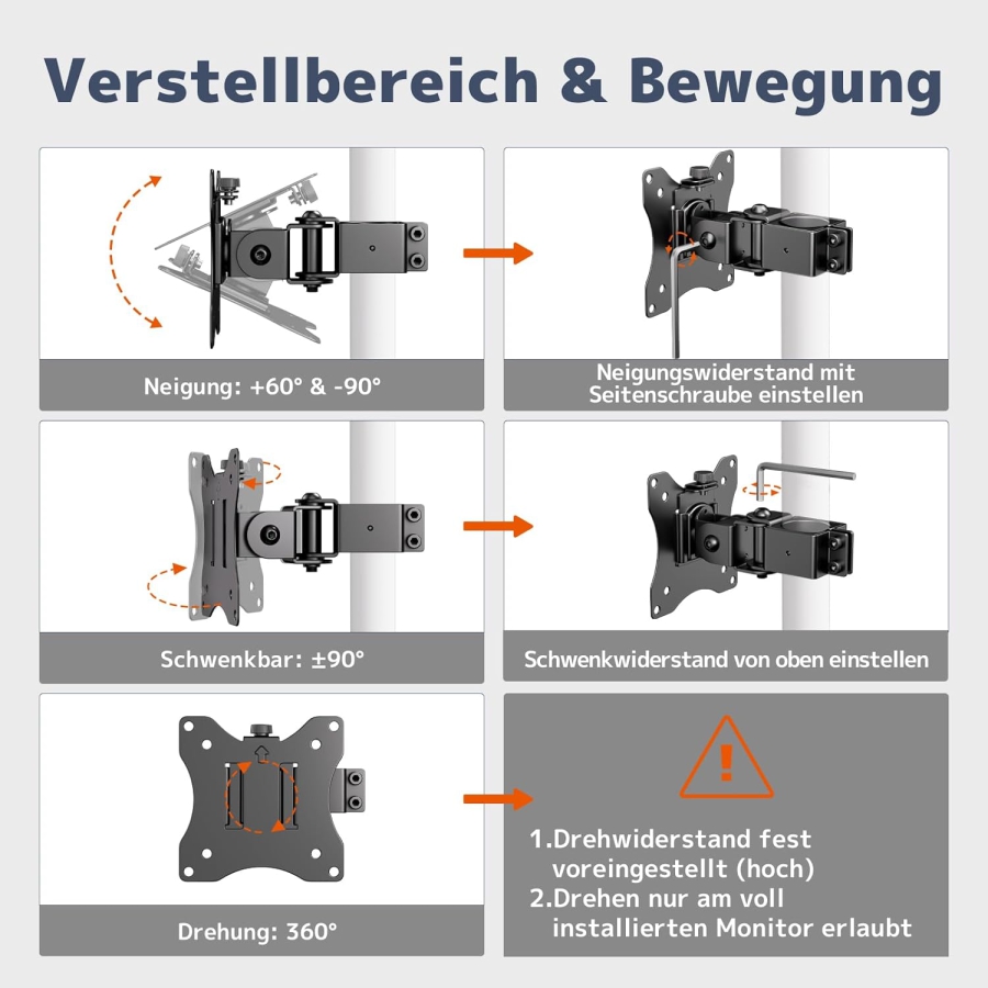 PUTORSEN Universal Steel Mount for Monitor Stands (17-32 Inch, 3.5 cm Pole) (Robust Single Arm up to 10 kg – VESA 75x75/100x100 mm, Tilt, Swivel & 360° Rotatable.)