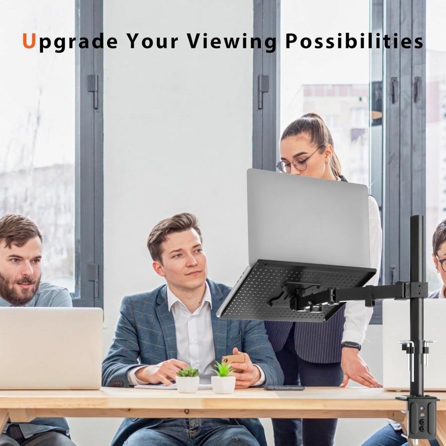 Redbat monitor arm with ventilated laptop tray, fully adjustable for 13 to 32 inch LCD LED screens & up to 16 inch notebooks, 2 mounting options, tilt, swivel & rotate