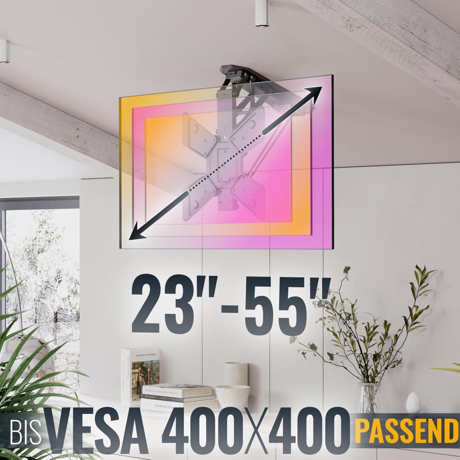 RICOO Electric TV Ceiling Mount (SE0544) for 32–55 Inch TVs (Motorized Fold-Down Mount with Remote Control – Ideal for Sloped & Flat Ceilings up to 30 kg)