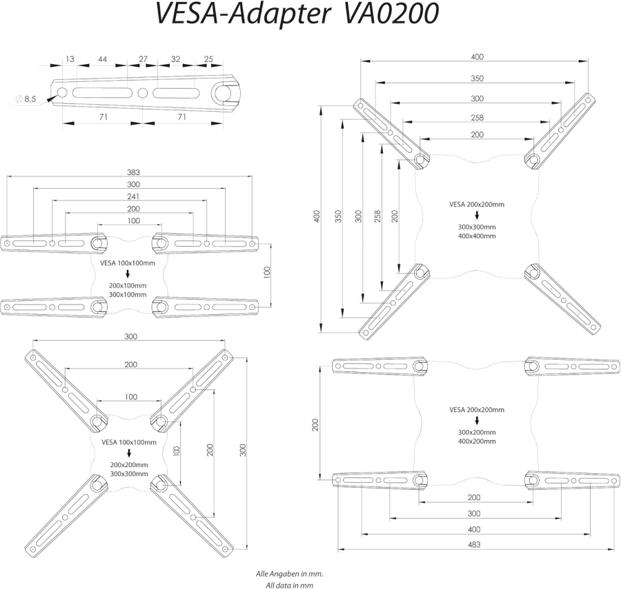 RICOO VESA Adapter Extension for TV Wall Mount (VA0200) (Universal Adapter Plate (4 Modules) for extending VESA 200x200 up to 400x400 – Loadable up to 30 kg)