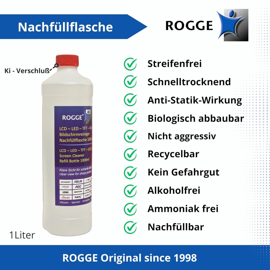 ROGGE 1l Screen Cleaner Refill Bottle – The Original since 1998 for all Displays (Streak-Free Professional Cleaning for Monitors, TV & Glass – Gentle, Economical & No Aggressive Ingredients.)