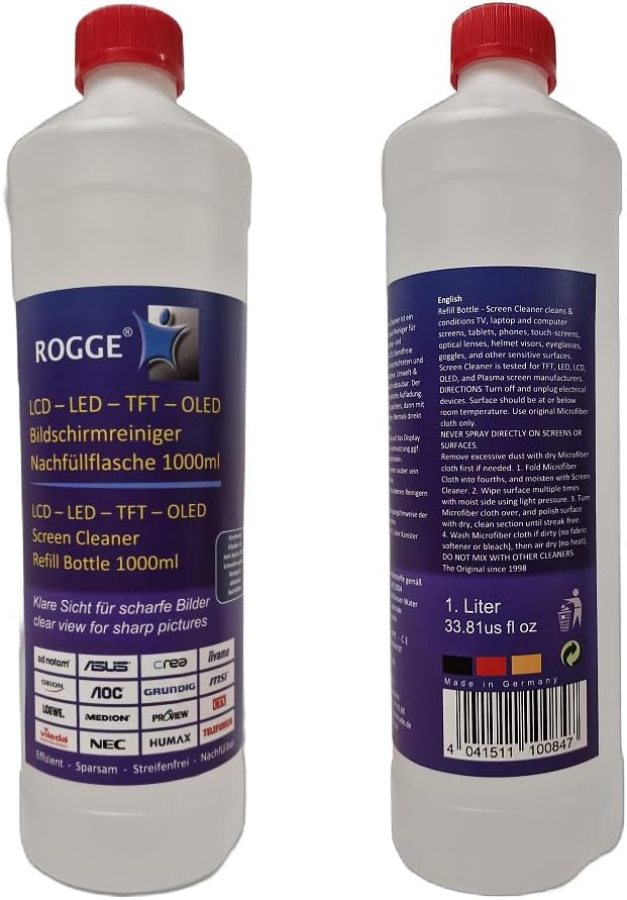 ROGGE 1l Screen Cleaner Refill Bottle – The Original since 1998 for all Displays (Streak-Free Professional Cleaning for Monitors, TV & Glass – Gentle, Economical & No Aggressive Ingredients.)