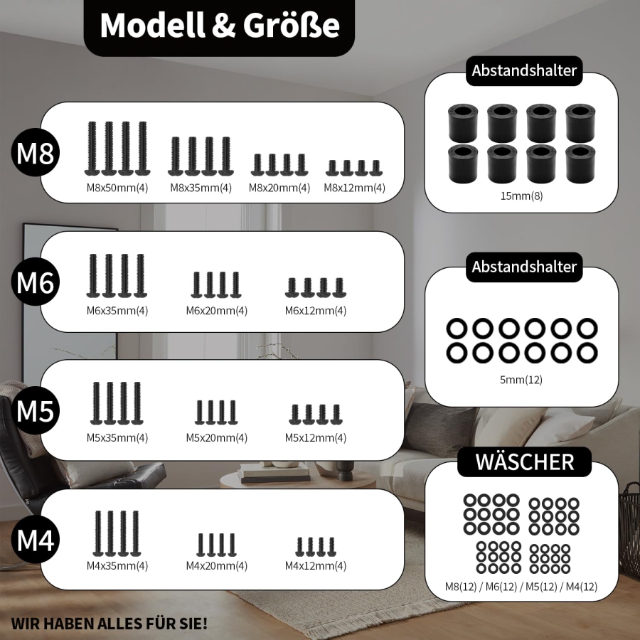 Universal TV Screw Set (120 Pieces) for Wall Mounts & Stands (M4, M5, M6, M8 VESA Screw Assortment incl. Spacers & Washers for TVs up to 80 Inches)