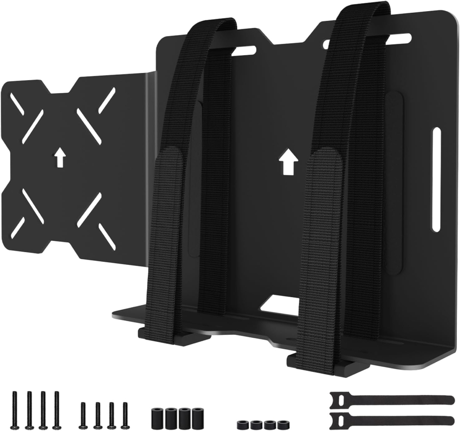 Universal VESA Mount for Mini PC, Modem & Thin Client (Dell, HP, Lenovo) (Adjustable Strap Mount for Devices up to 50 cm Circumference – Mount on Monitor Arm or Back)