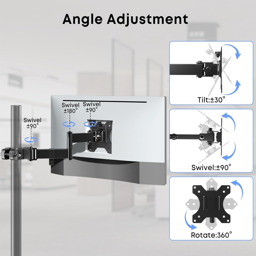 Universal VESA Pole Mount for 17-32 Inch Screens (Ø 28-60 mm) (Flexible Articulating Arm for Expansion – Up to 8 kg Load, Tilt, Swivel & 360° Rotatable.)