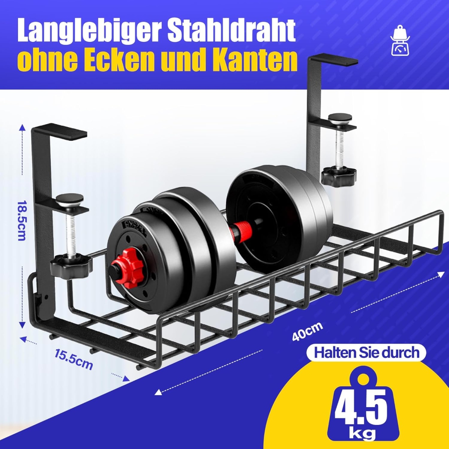 Xpatee Cable Management No Drilling – Clamp-On Desk Cable Tray (Black) (Robust Metal Cable Tray (40 cm) with C-Clamps – No Screwing Needed – For Tabletops 1–6 cm Thick – Incl. Accessories.)